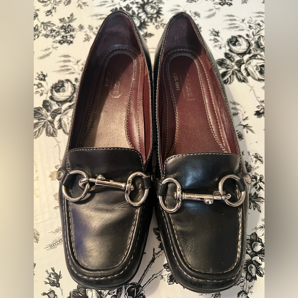 Coach Black Leather Loafers with Silver Accents